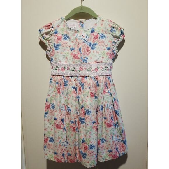 Bonnie Jean Girl's Dress Size 5 Pink Blue Embroidered Flowers‎ Smocked Waistband - Picture 2 of 9